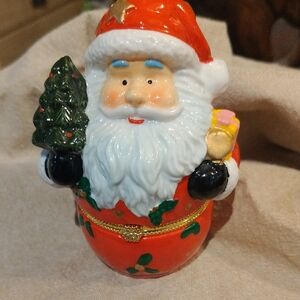 Vintage Santa Claus Trinket Box Porcelain Hinged Jewelry Gift Christmas Tree